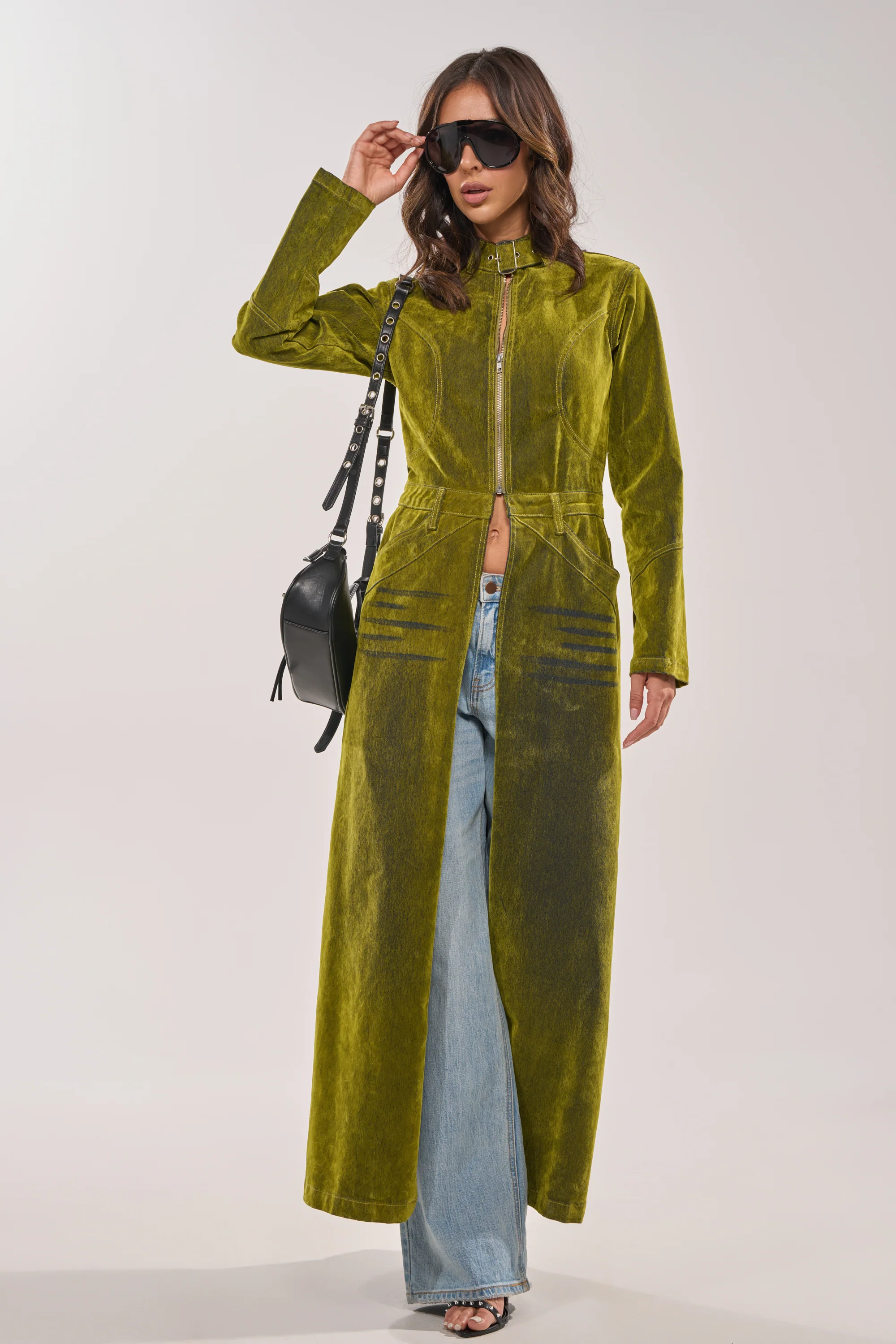 VALERIE VELVET EFFECT TRENCH IN GREEN - Image 5