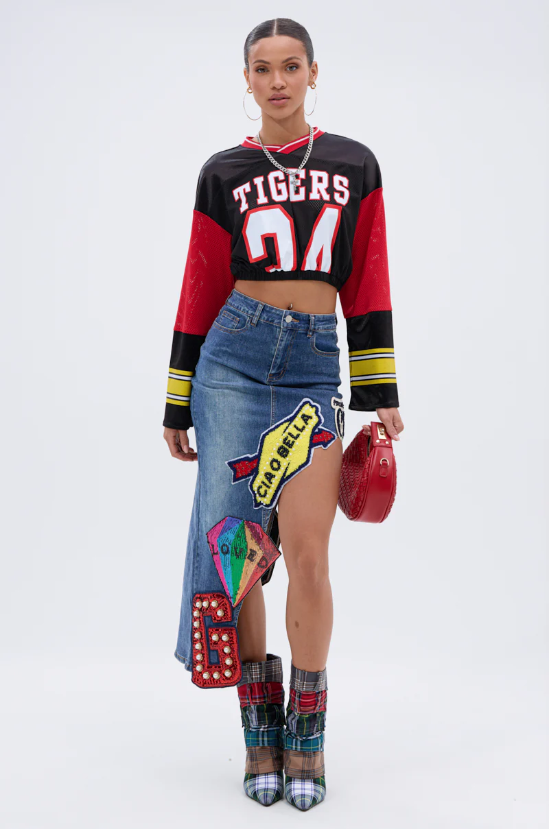 VARSITY SQUAD DENIM GRAPHIC MIDI SKIRT