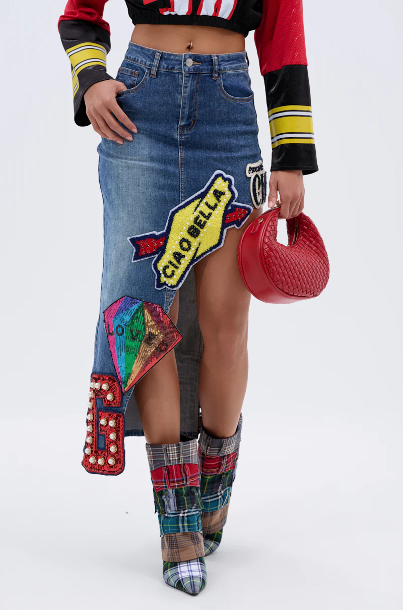 VARSITY SQUAD DENIM GRAPHIC MIDI SKIRT - Image 2