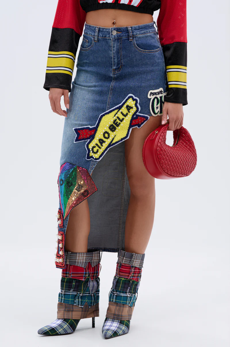 VARSITY SQUAD DENIM GRAPHIC MIDI SKIRT - Image 3