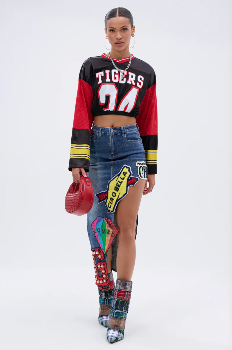 VARSITY SQUAD DENIM GRAPHIC MIDI SKIRT - Image 7
