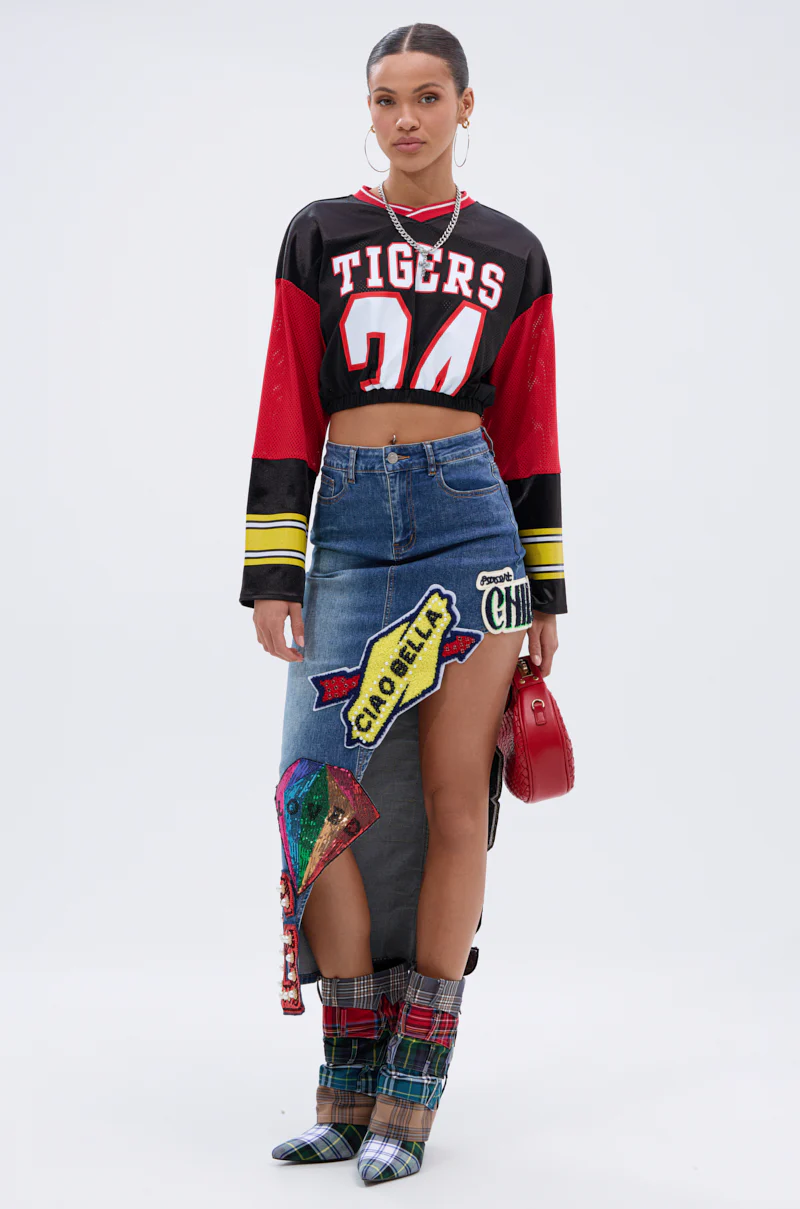 VARSITY SQUAD DENIM GRAPHIC MIDI SKIRT - Image 8