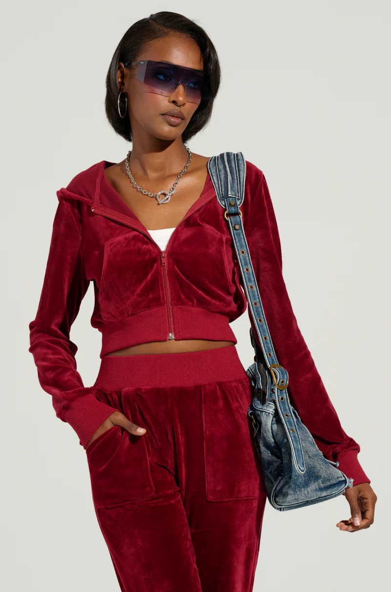 VELOUR GALORE FITTED ZIP UP IN BURGUNDY - Image 2
