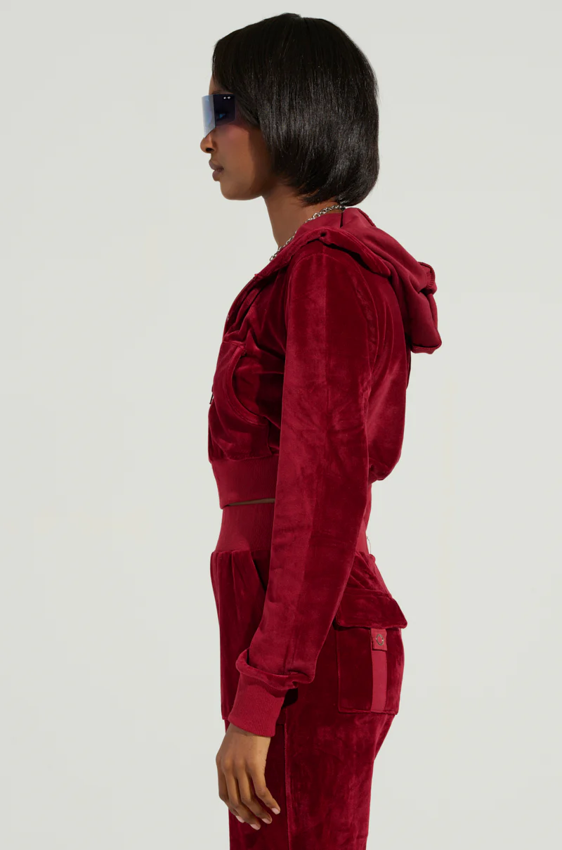 VELOUR GALORE FITTED ZIP UP IN BURGUNDY - Image 3