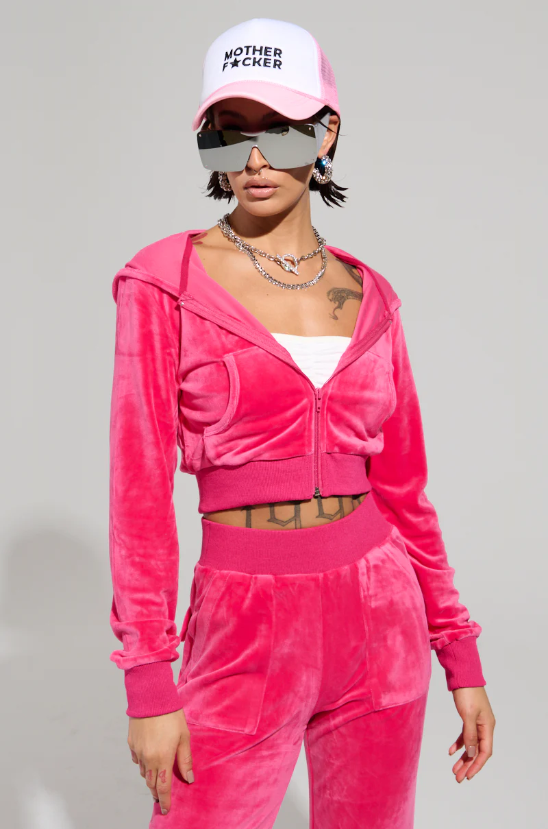 VELOUR GALORE FITTED ZIP UP IN PINK - Image 2