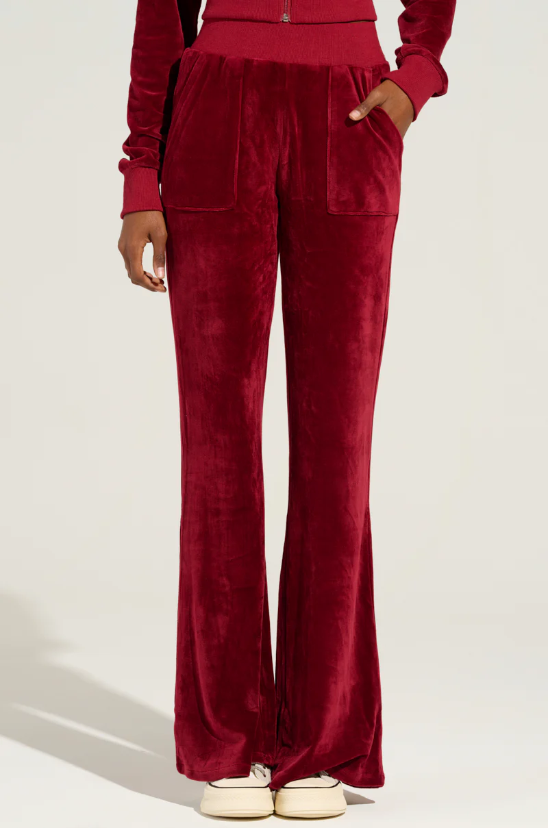 VELOUR GALORE FLARED LEG JOGGER IN BURGUNDY - Image 2