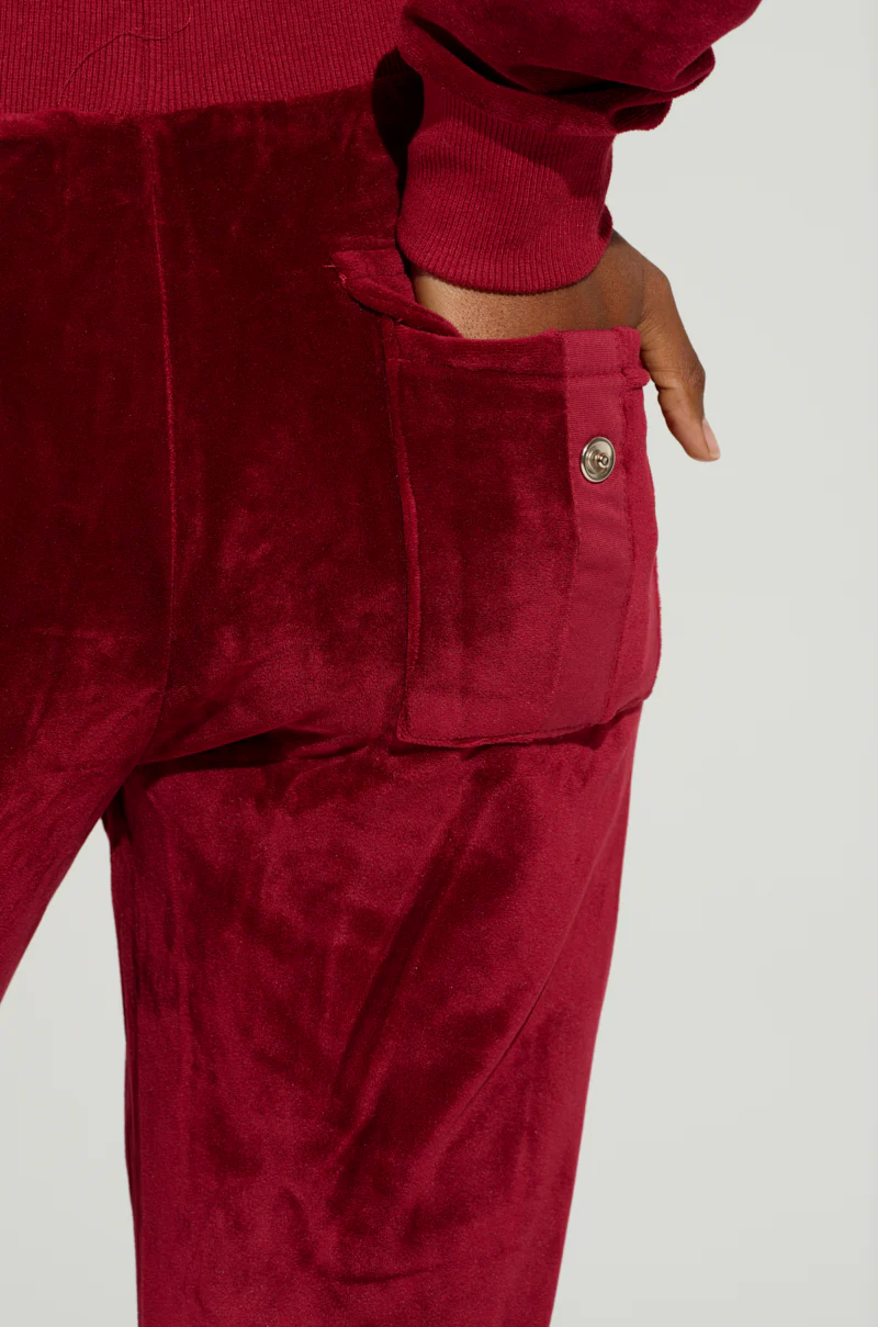 VELOUR GALORE FLARED LEG JOGGER IN BURGUNDY - Image 6