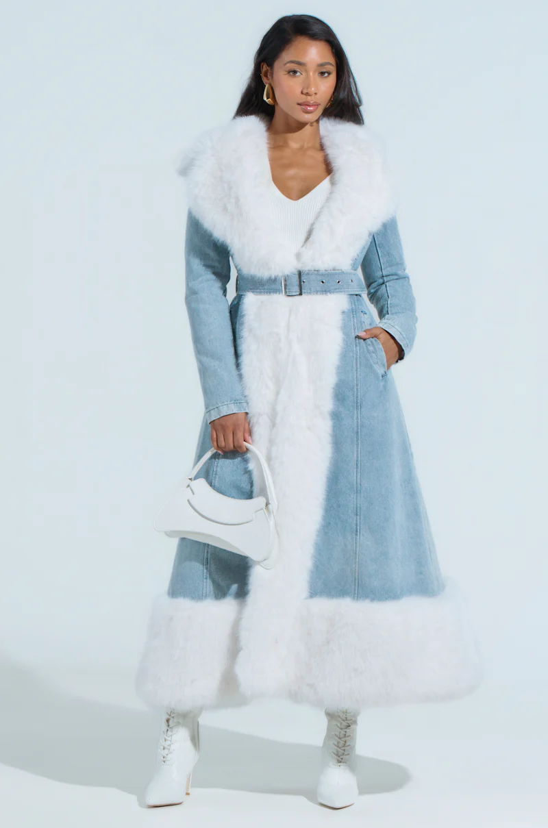 VIVIAN FUR TRIM COAT IN DENIM - Image 2