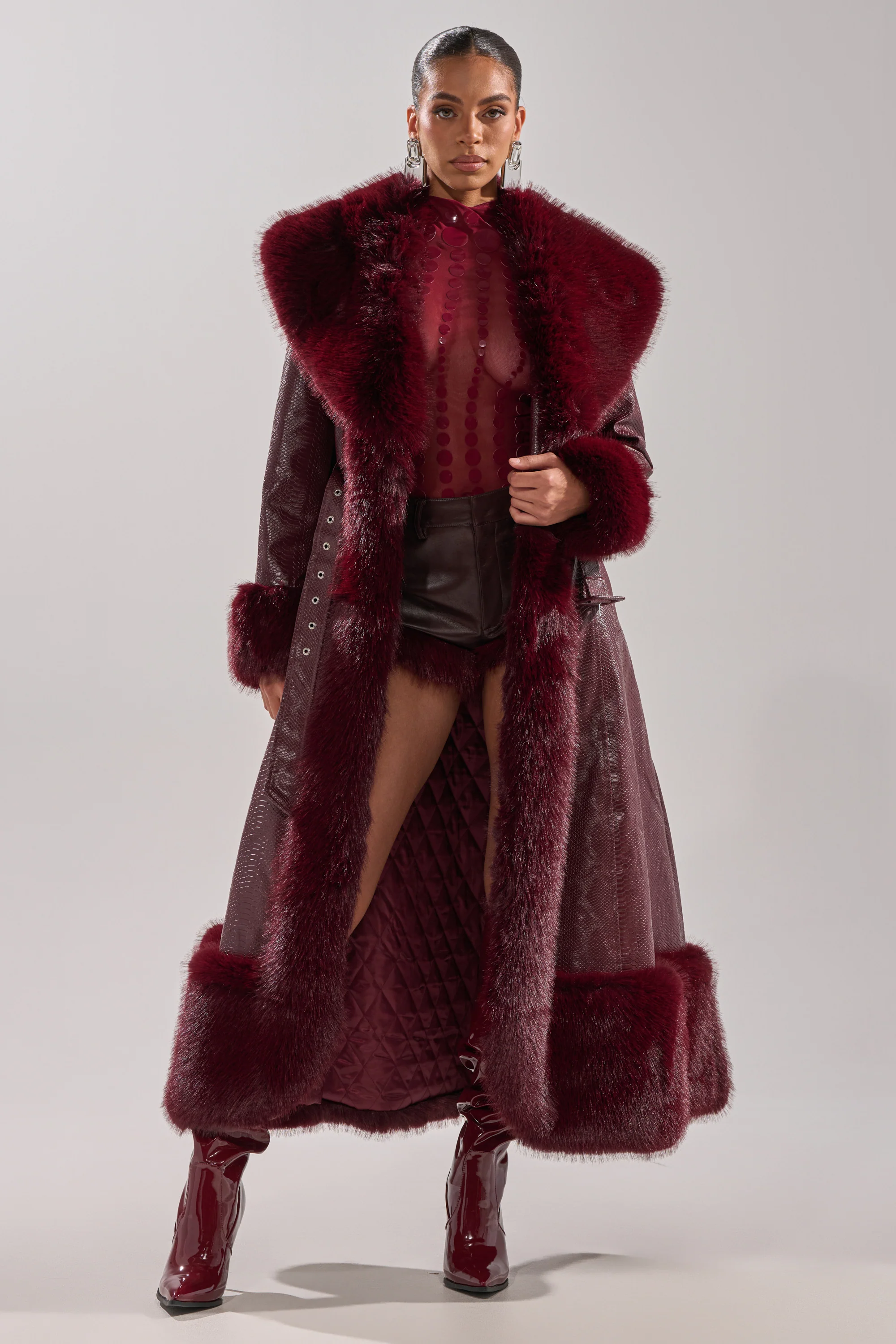 VIVIAN FUR TRIM TRENCH IN BURGUNDY - Image 2