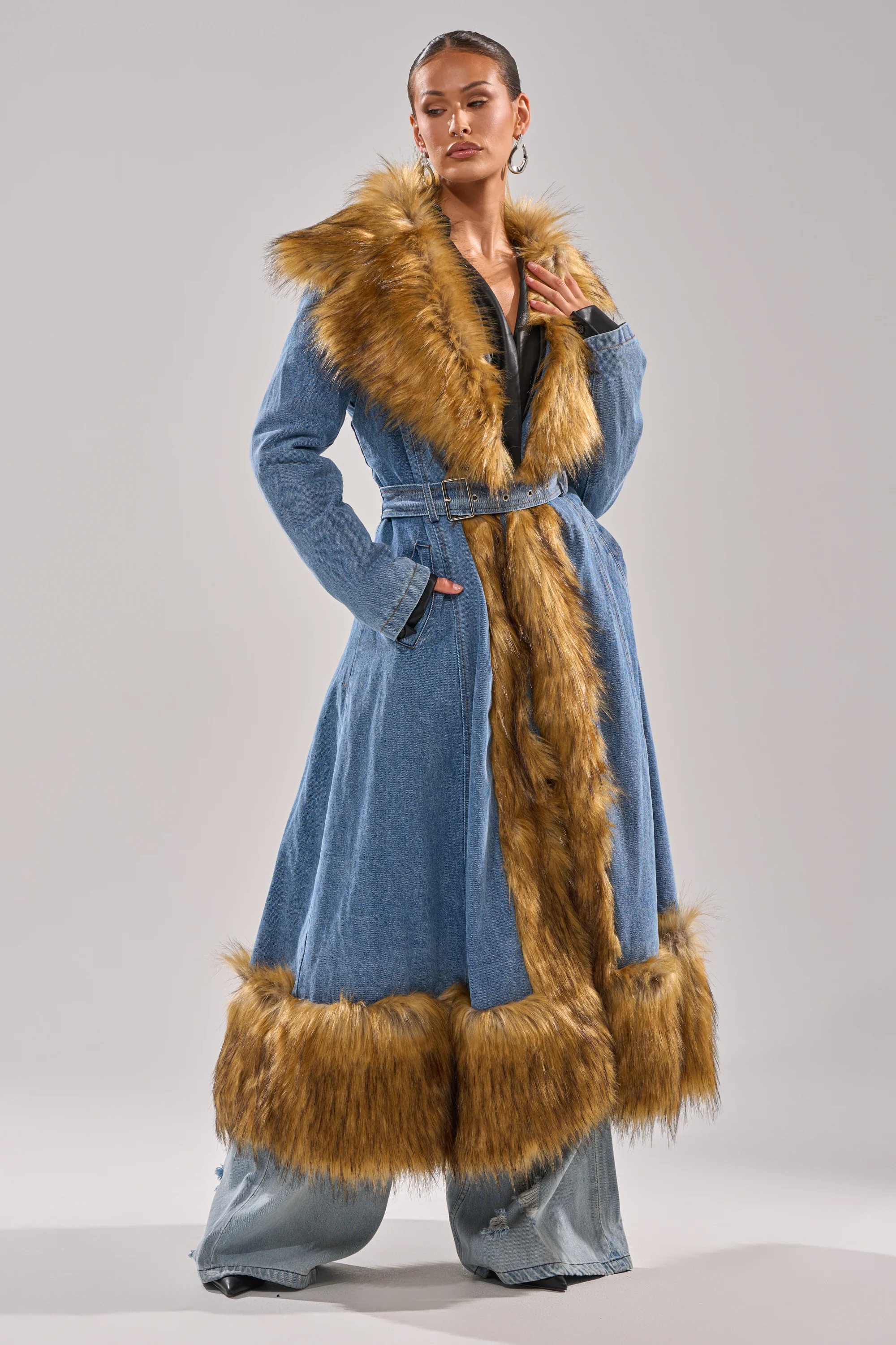VIVIAN FUR TRIM TRENCH IN DENIM - Image 3