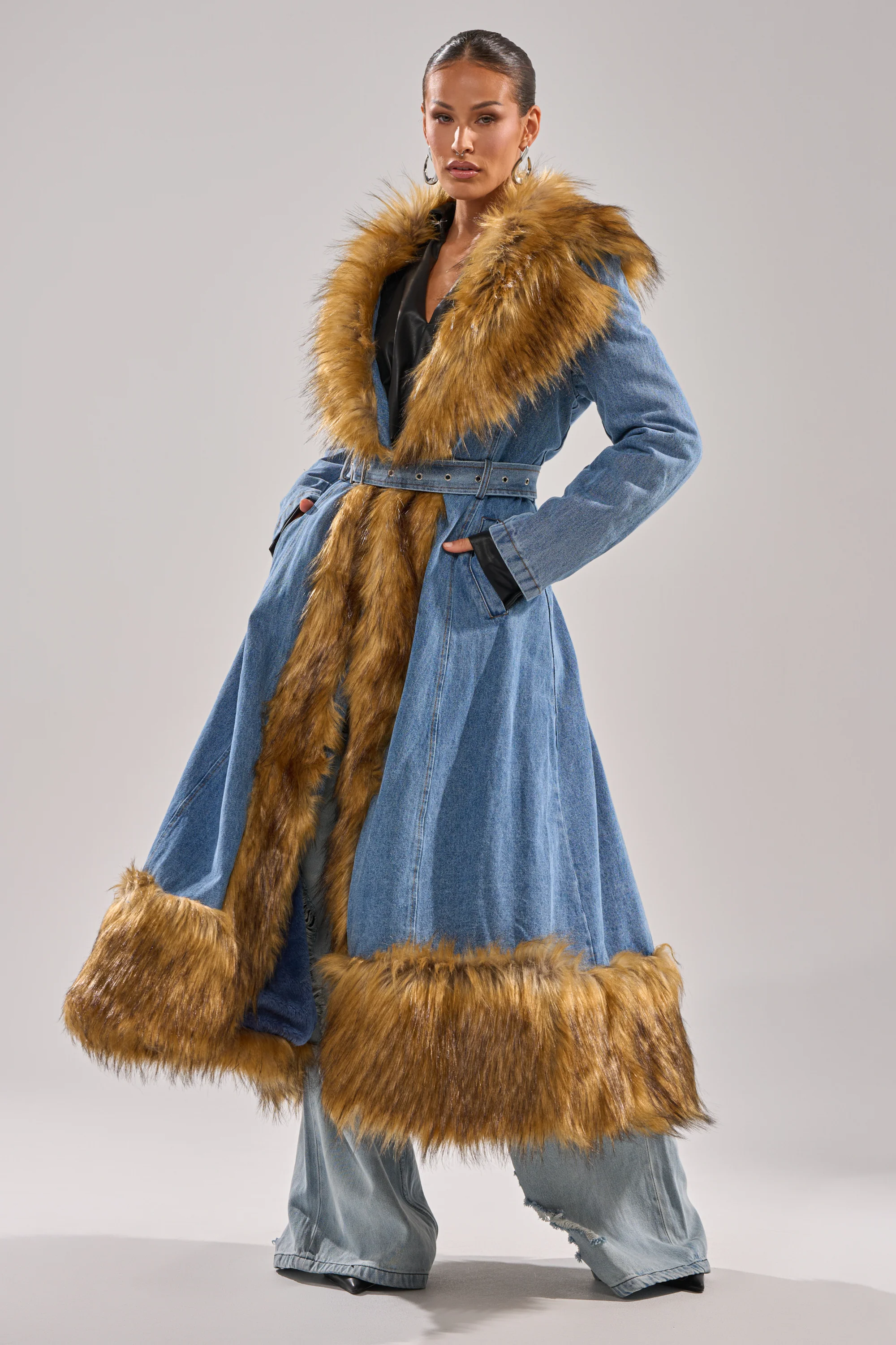 VIVIAN FUR TRIM TRENCH IN DENIM - Image 8