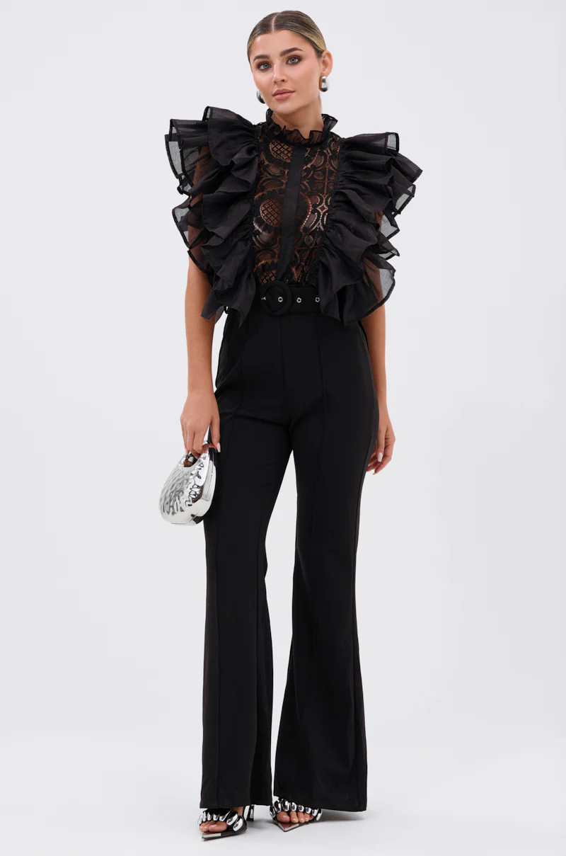 WALK THAT WALK RUFFLE JUMPSUIT IN BLACK - Image 2