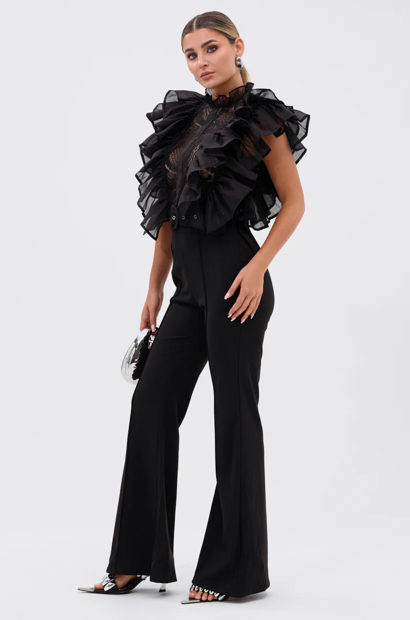 WALK THAT WALK RUFFLE JUMPSUIT IN BLACK - Image 3