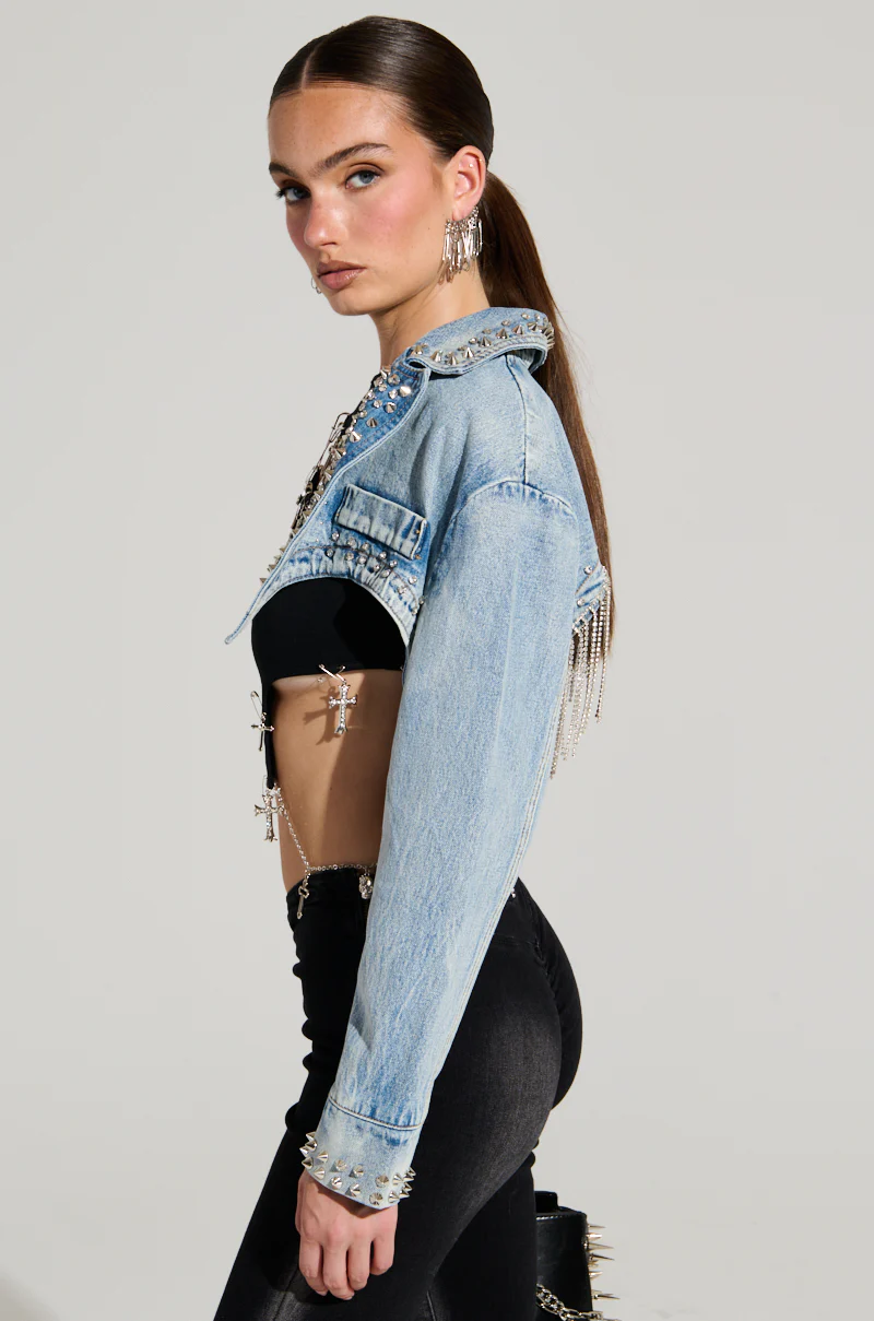 WATERFALL RHINESTONE CROPPED DENIM JACKET - Image 3