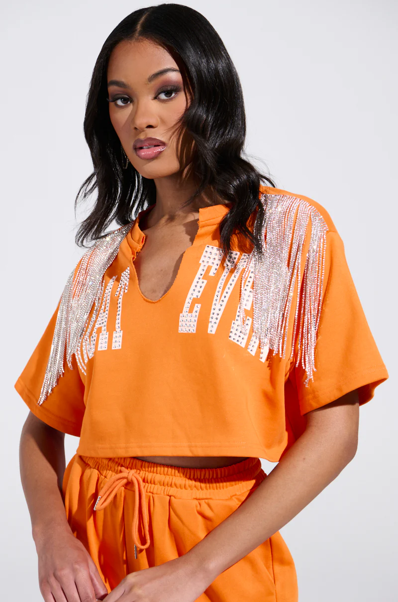 WHATEVER YOU WANT CROPPED RHINESTONE FRINGE TEE - Image 2