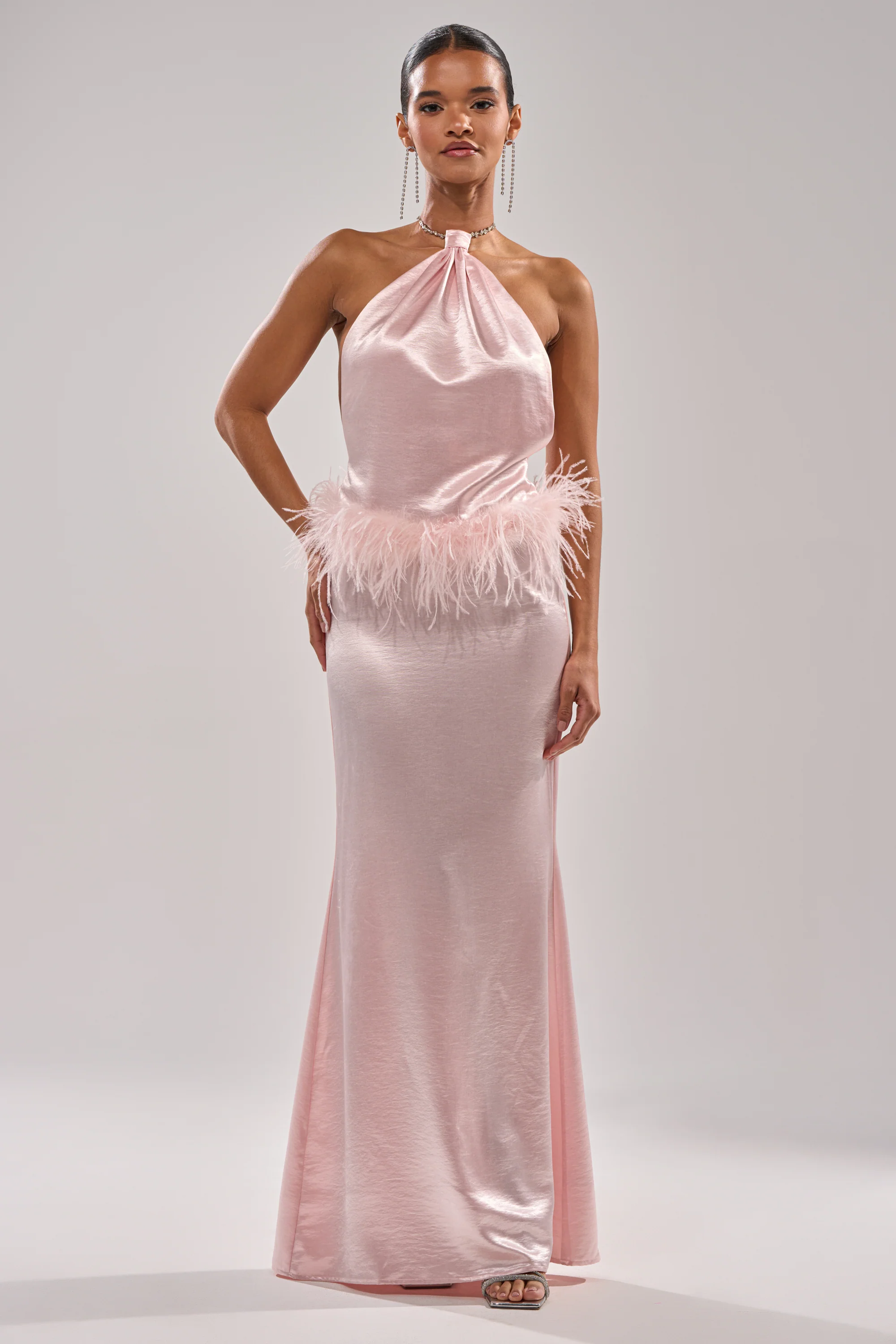 WHO IS SHE SATIN FEATHER MAXI DRESS