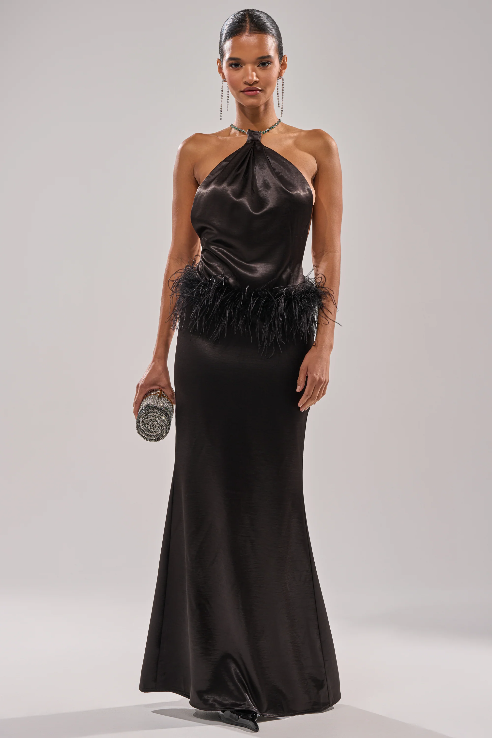 WHO IS SHE SATIN FEATHER MAXI DRESS IN BLACK