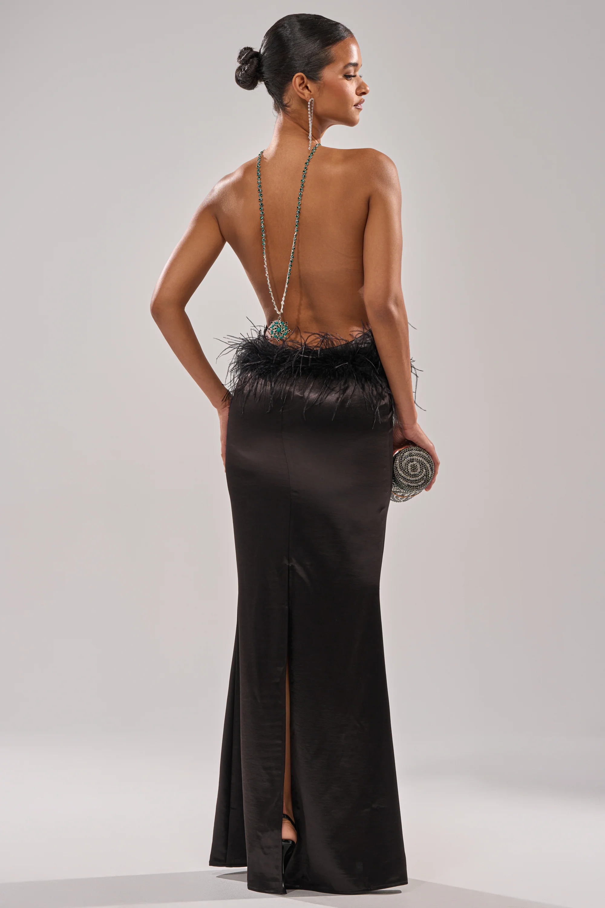 WHO IS SHE SATIN FEATHER MAXI DRESS IN BLACK - Image 3