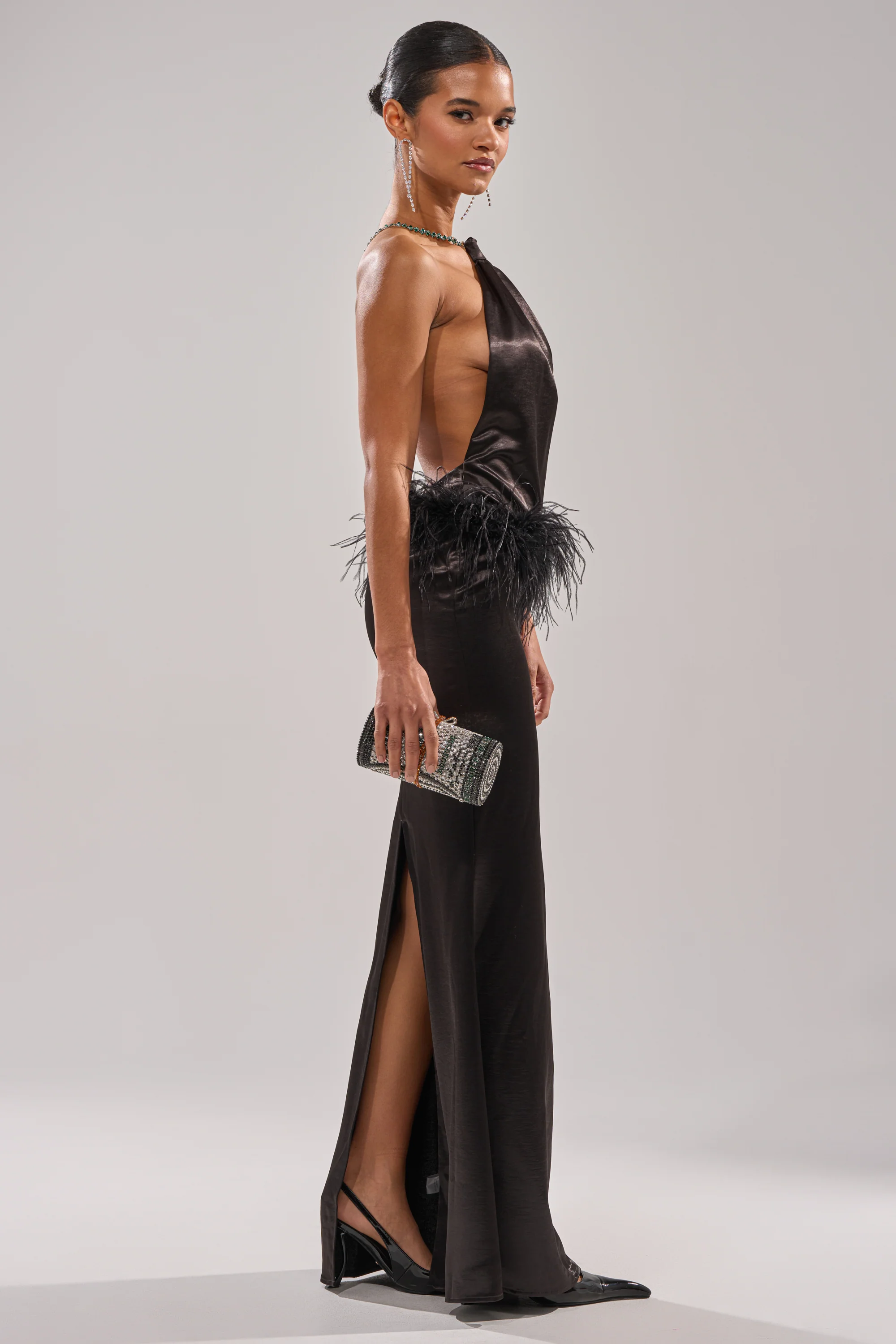 WHO IS SHE SATIN FEATHER MAXI DRESS IN BLACK - Image 5