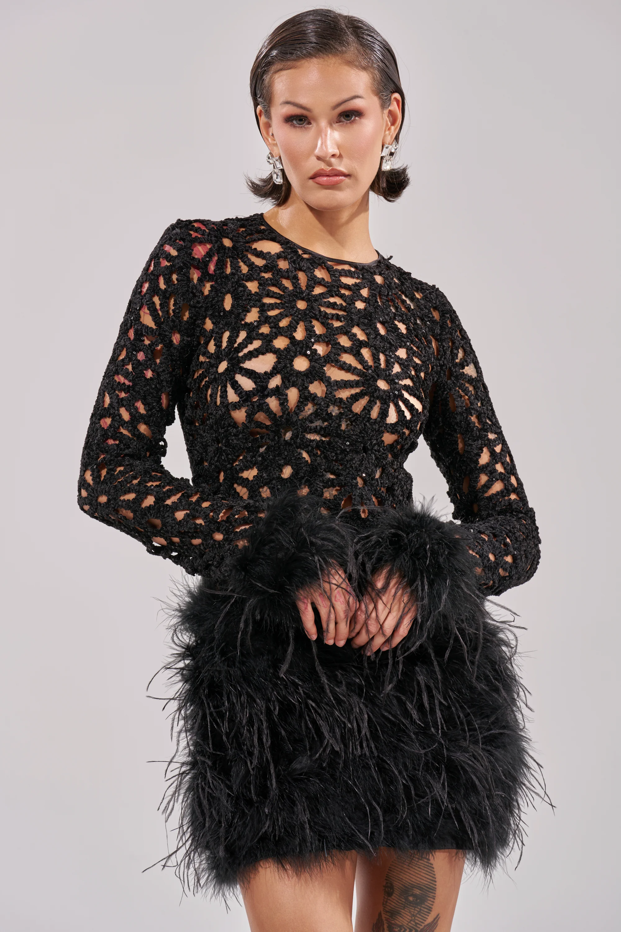 WHO ME? KNIT CROCHET MINI DRESS WITH FEATHERS - Image 2
