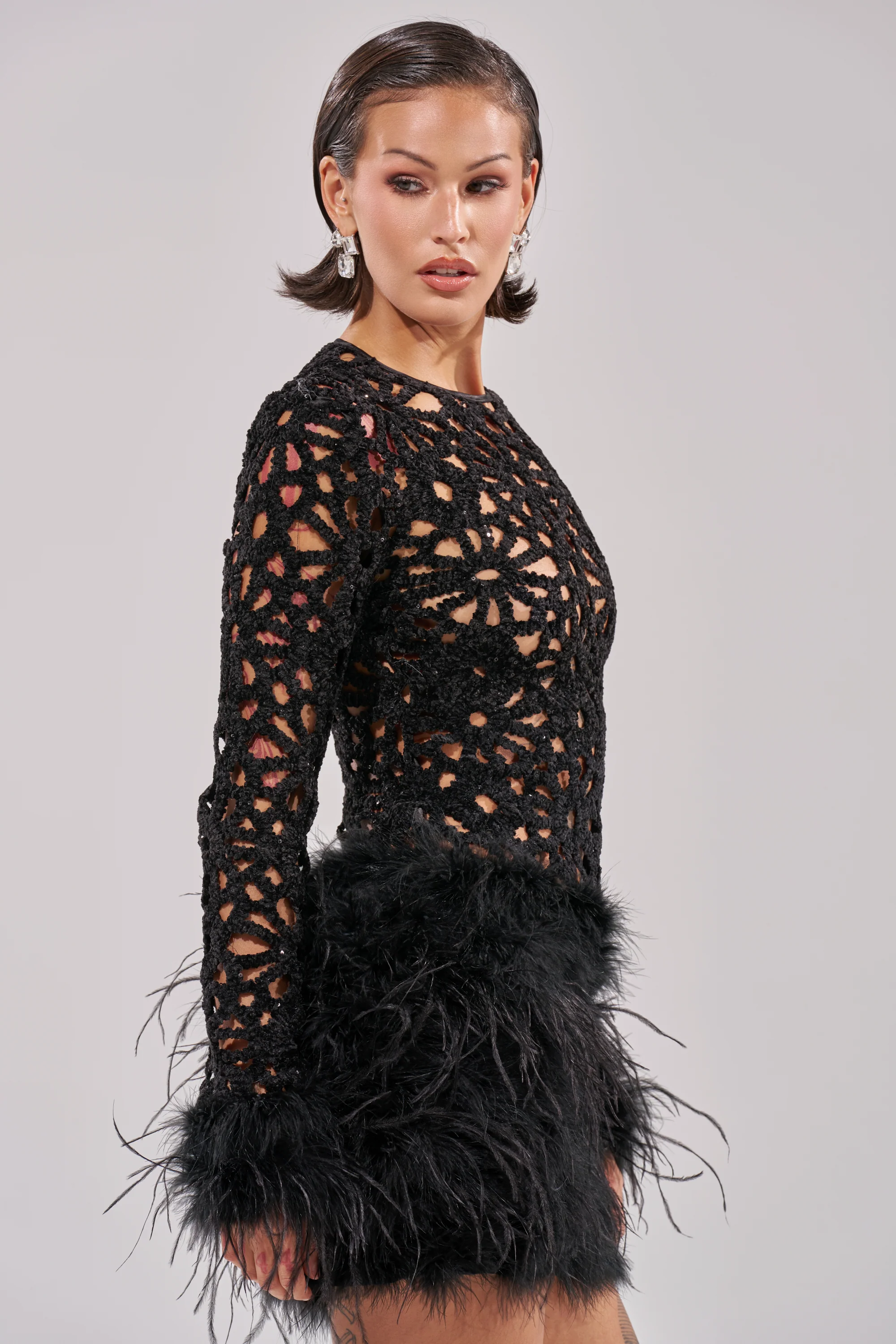 WHO ME? KNIT CROCHET MINI DRESS WITH FEATHERS - Image 3