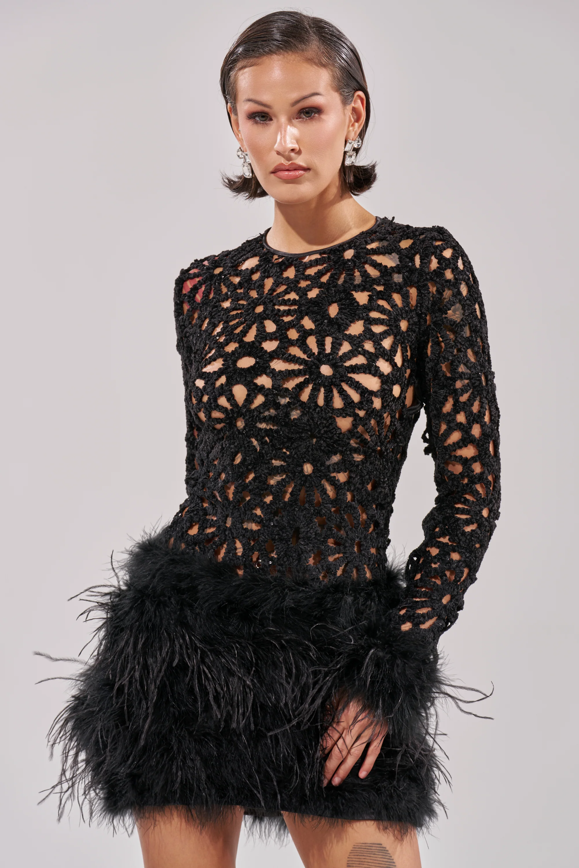 WHO ME? KNIT CROCHET MINI DRESS WITH FEATHERS - Image 4