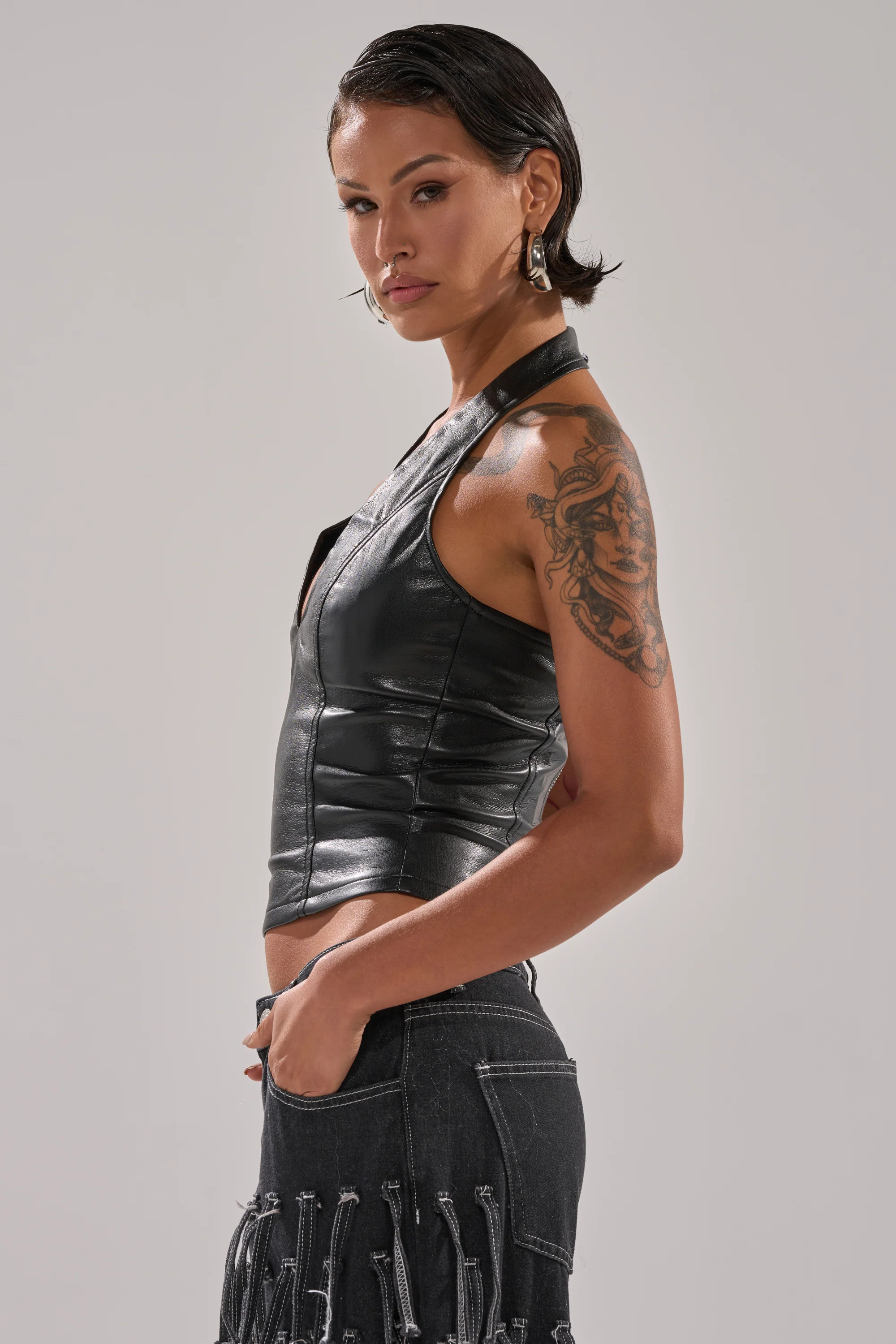 WITHOUT A DOUBT FAUX LEATHER HALTER NECK CORSET IN BLACK - Image 4