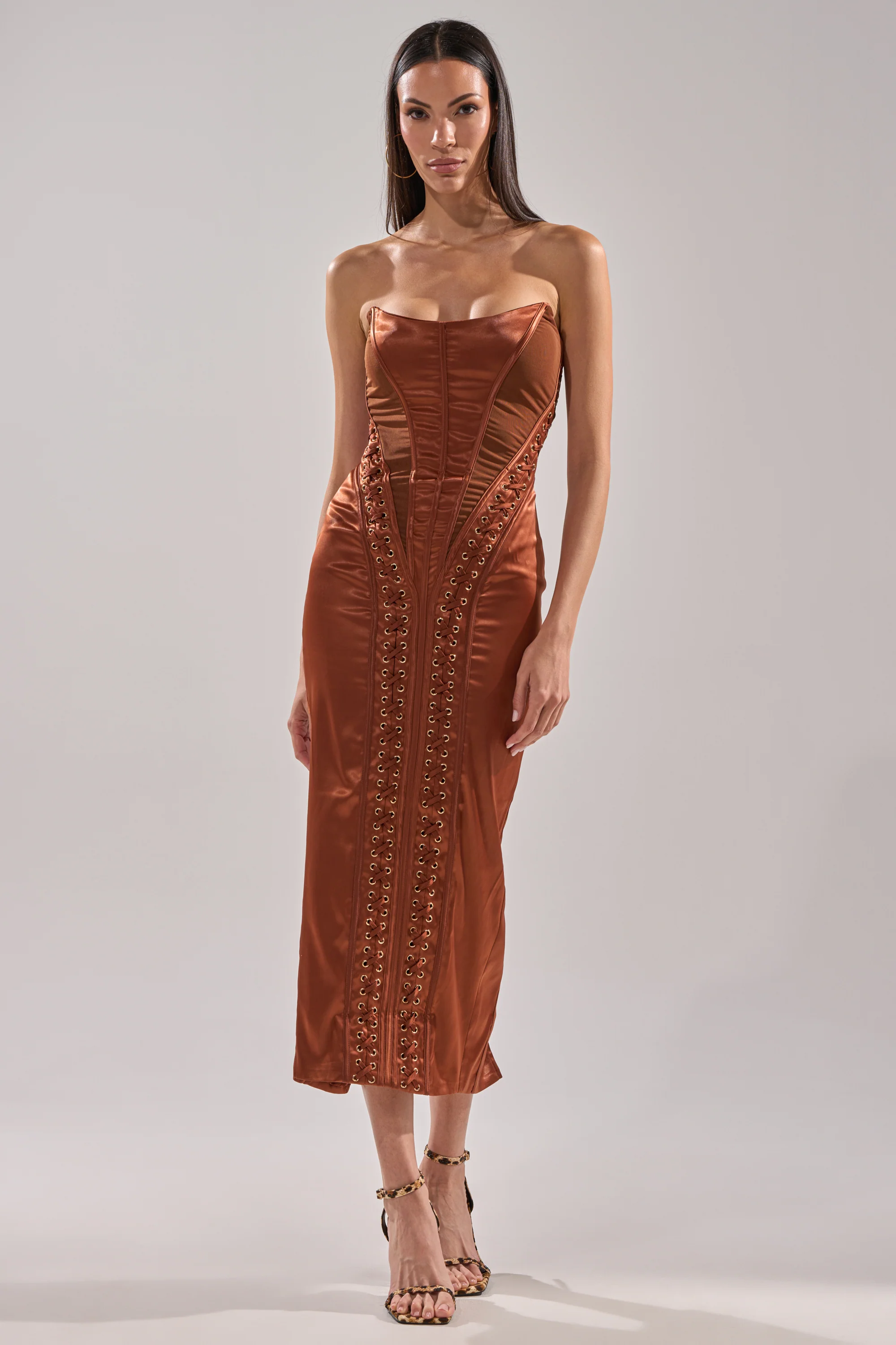 WOAH BABY SATIN MIDI DRESS IN CHOCOLATE - Image 3