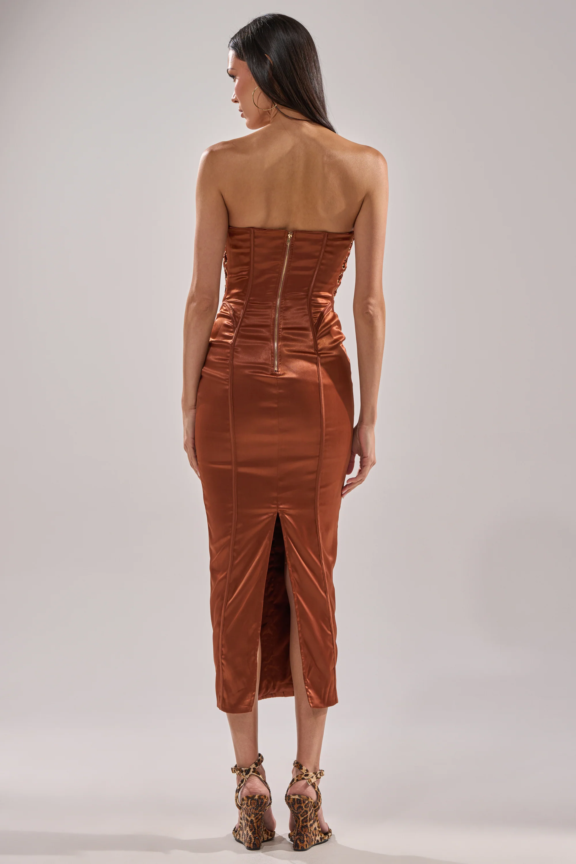WOAH BABY SATIN MIDI DRESS IN CHOCOLATE - Image 8