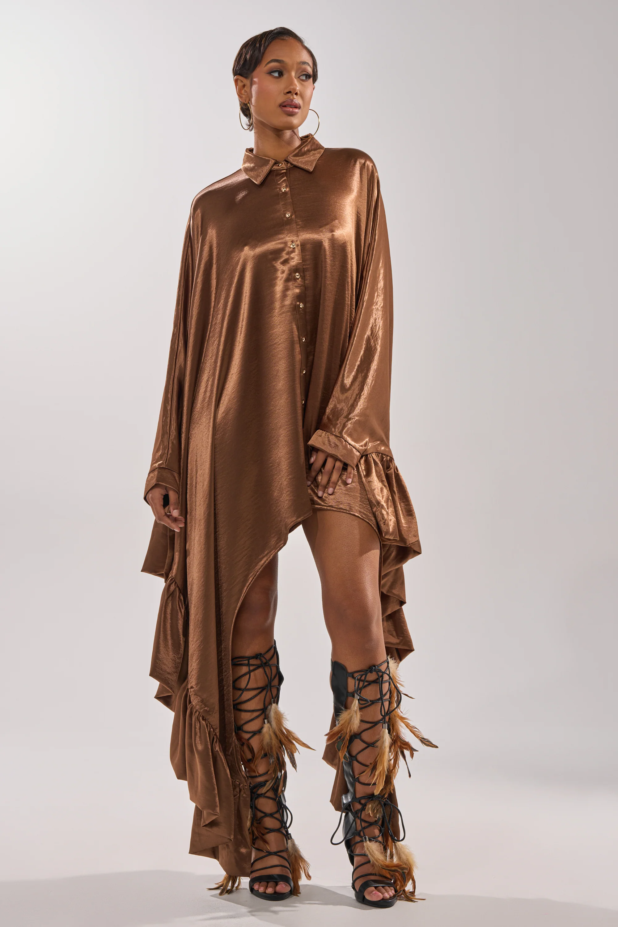 WONDERLUST SATIN LONG SLEEVE MINI DRESS IN BROWN - Image 2