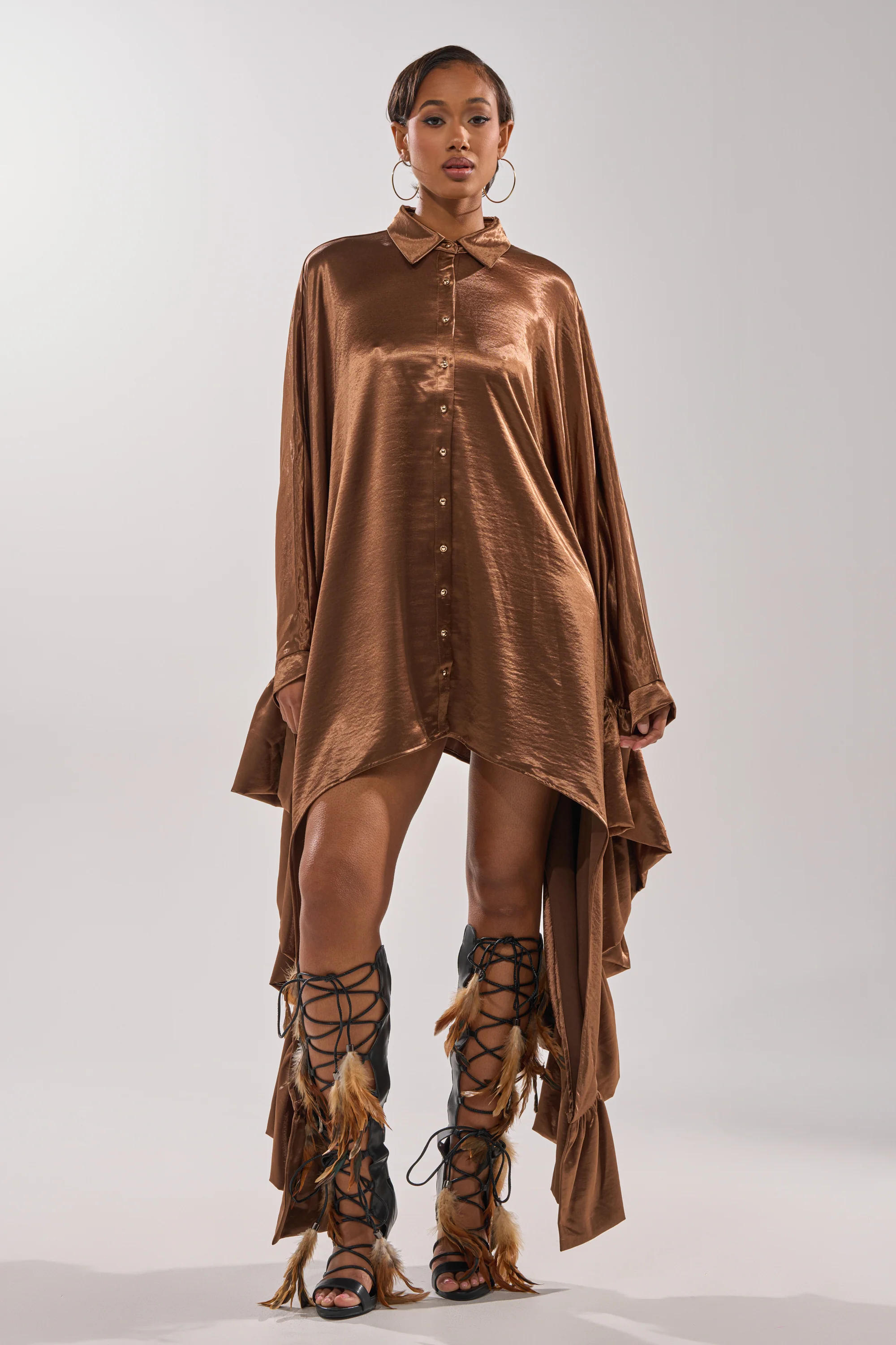 WONDERLUST SATIN LONG SLEEVE MINI DRESS IN BROWN - Image 3