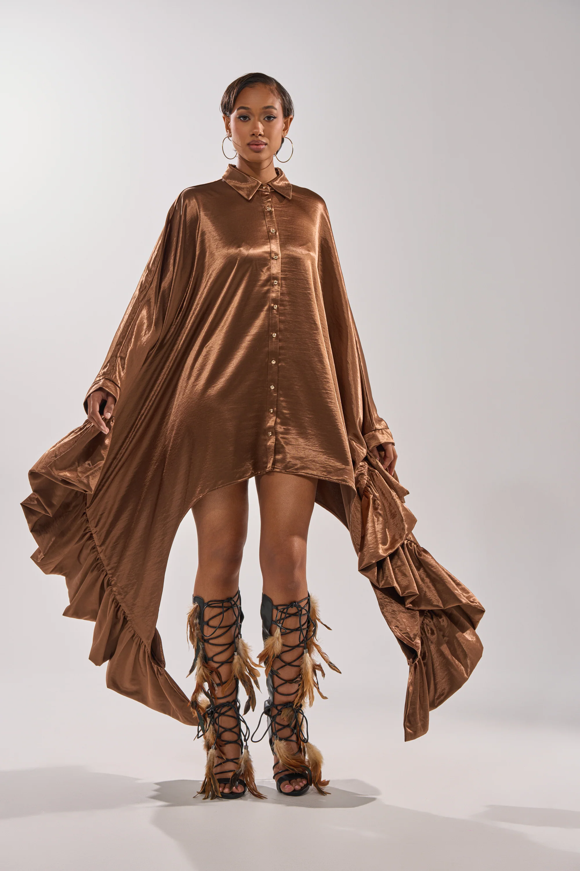 WONDERLUST SATIN LONG SLEEVE MINI DRESS IN BROWN - Image 4