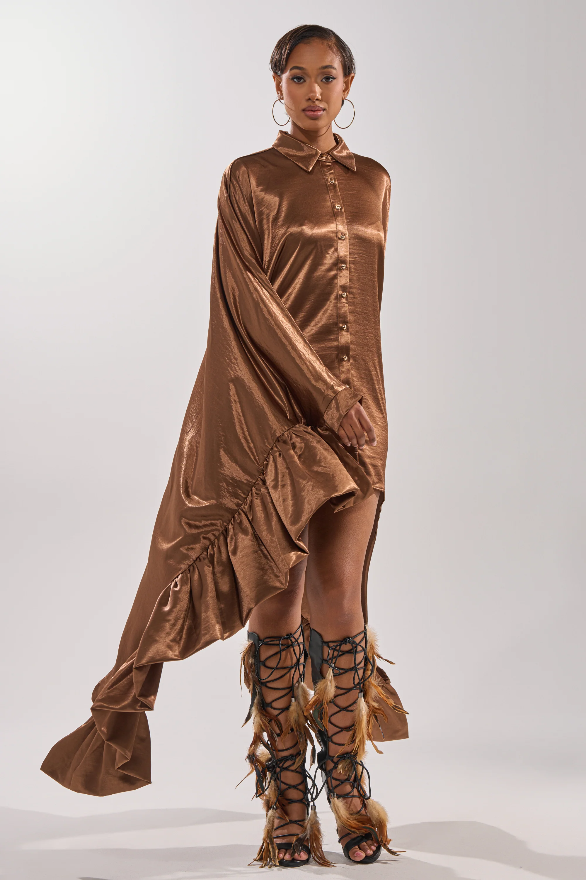 WONDERLUST SATIN LONG SLEEVE MINI DRESS IN BROWN - Image 5