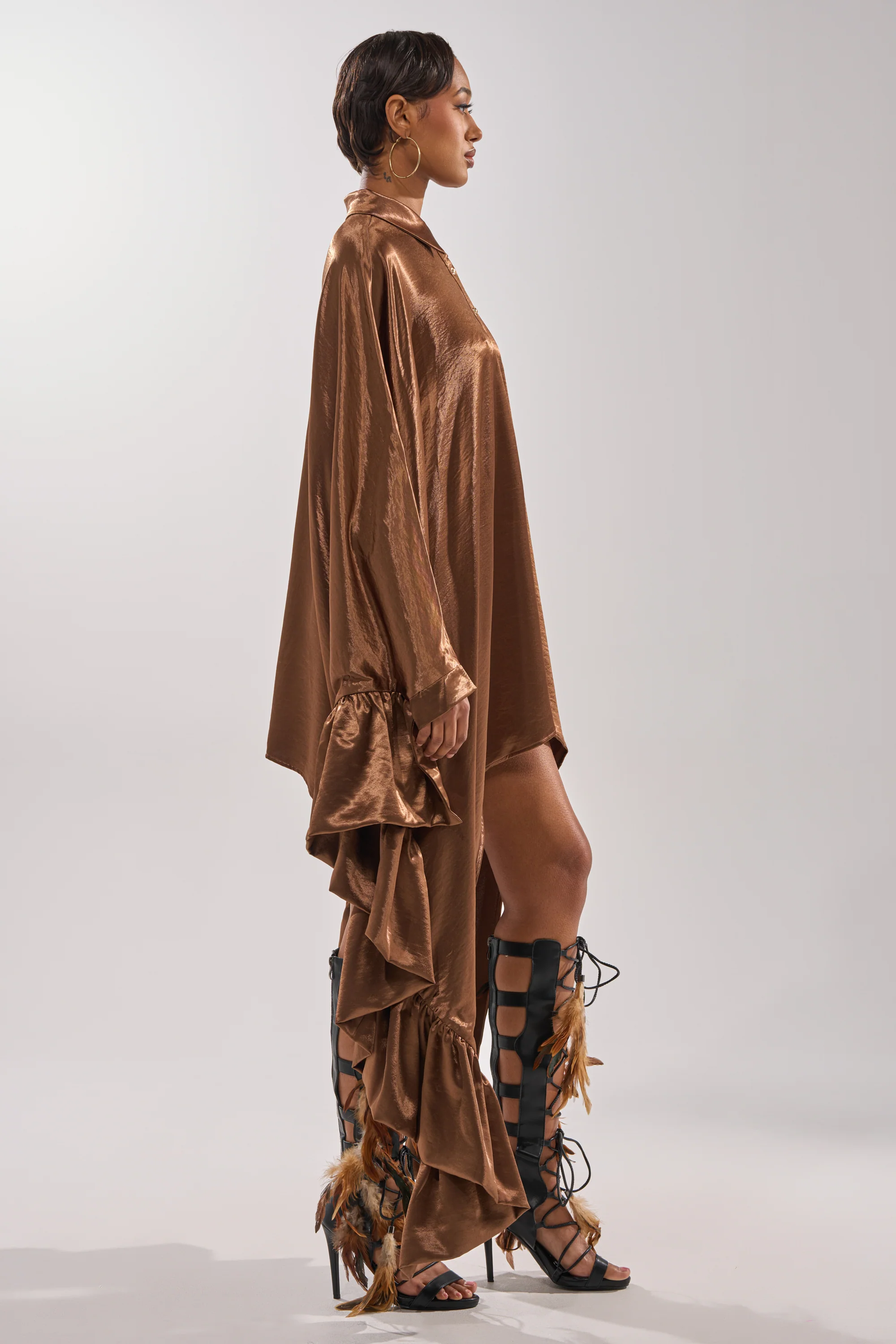WONDERLUST SATIN LONG SLEEVE MINI DRESS IN BROWN - Image 6