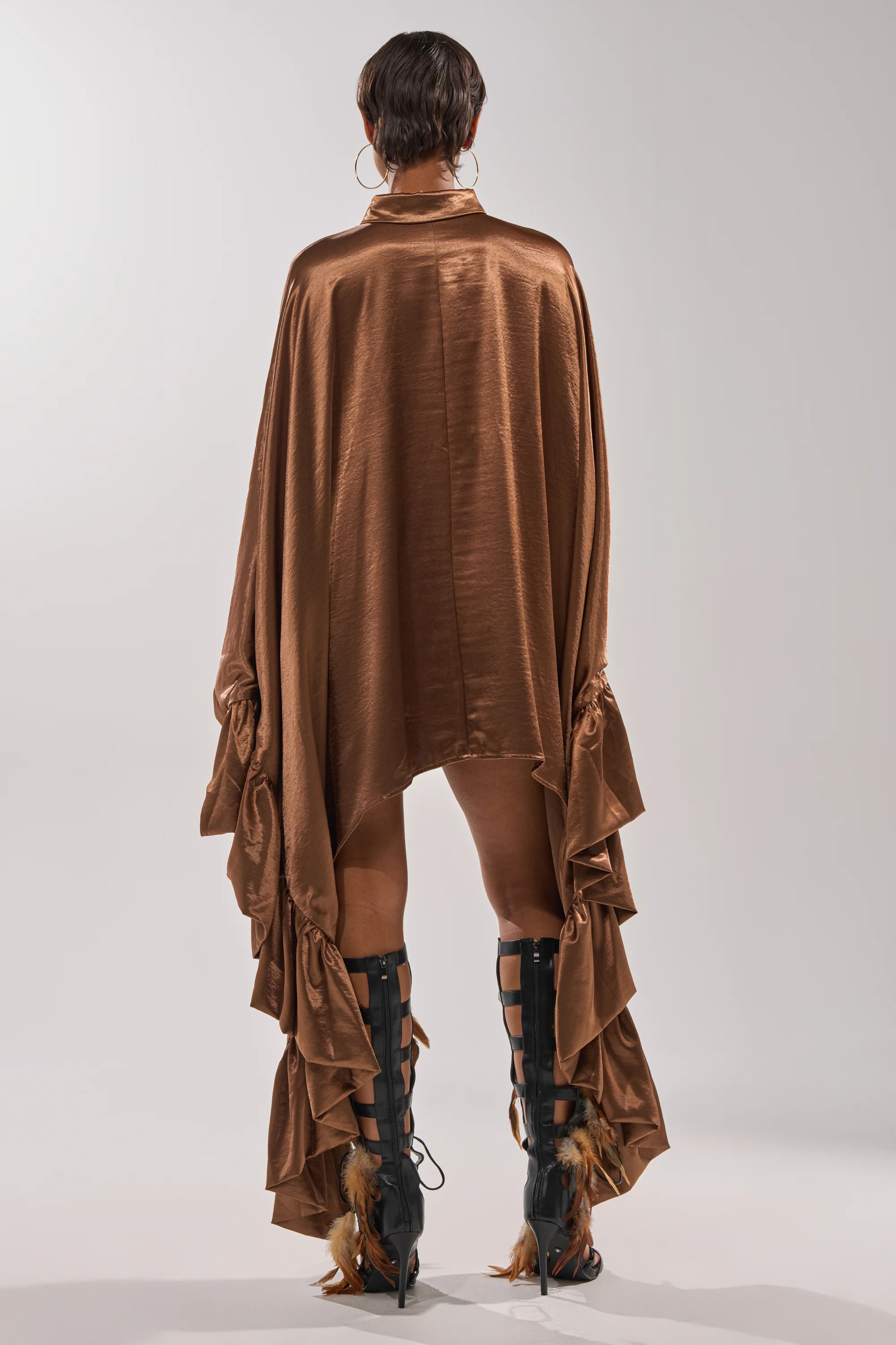 WONDERLUST SATIN LONG SLEEVE MINI DRESS IN BROWN - Image 7