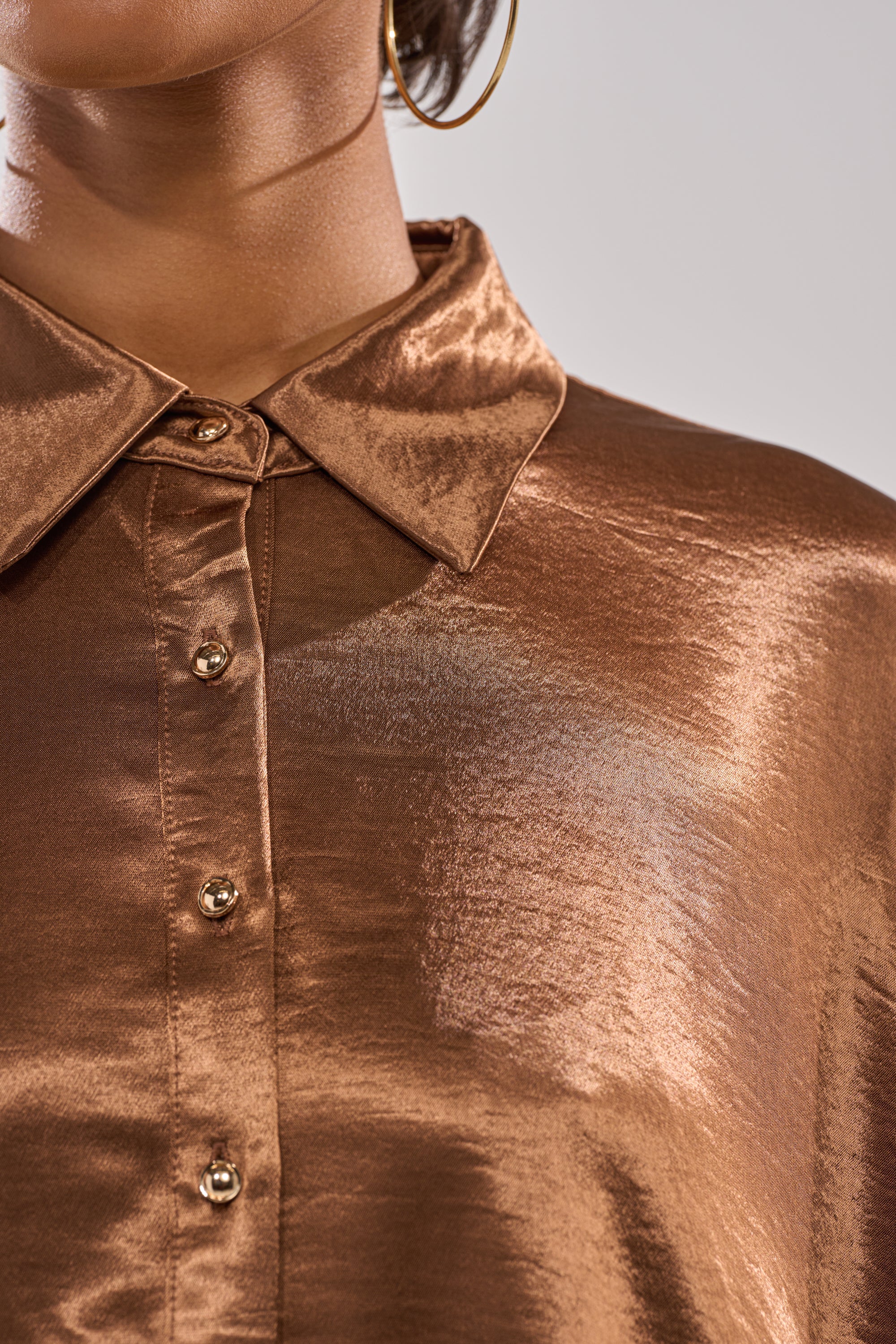 WONDERLUST SATIN LONG SLEEVE MINI DRESS IN BROWN - Image 9