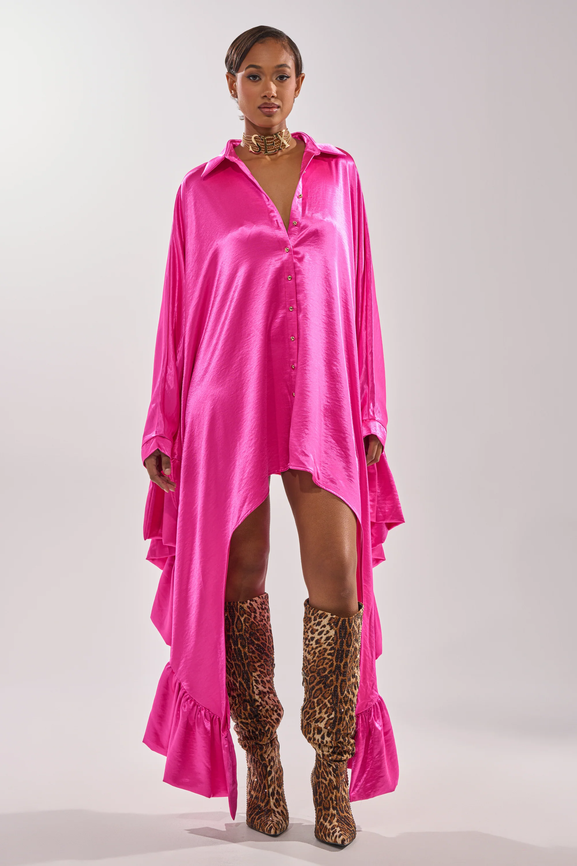 WONDERLUST SATIN LONG SLEEVE MINI DRESS IN PINK - Image 3