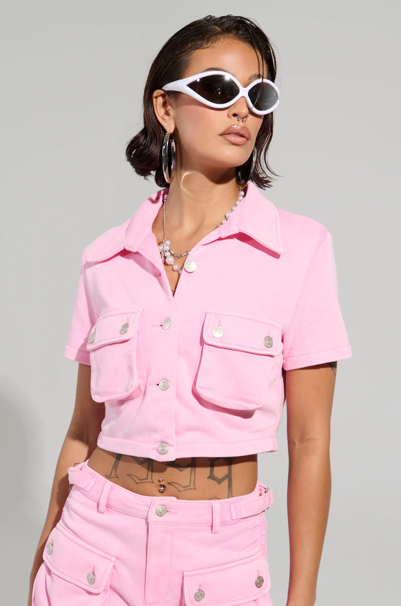 WORK FOR IT MINERAL WASHED CROPPED BUTTON DOWN IN PINK - Image 3