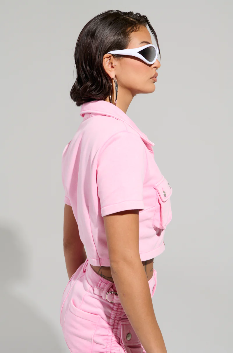 WORK FOR IT MINERAL WASHED CROPPED BUTTON DOWN IN PINK - Image 4