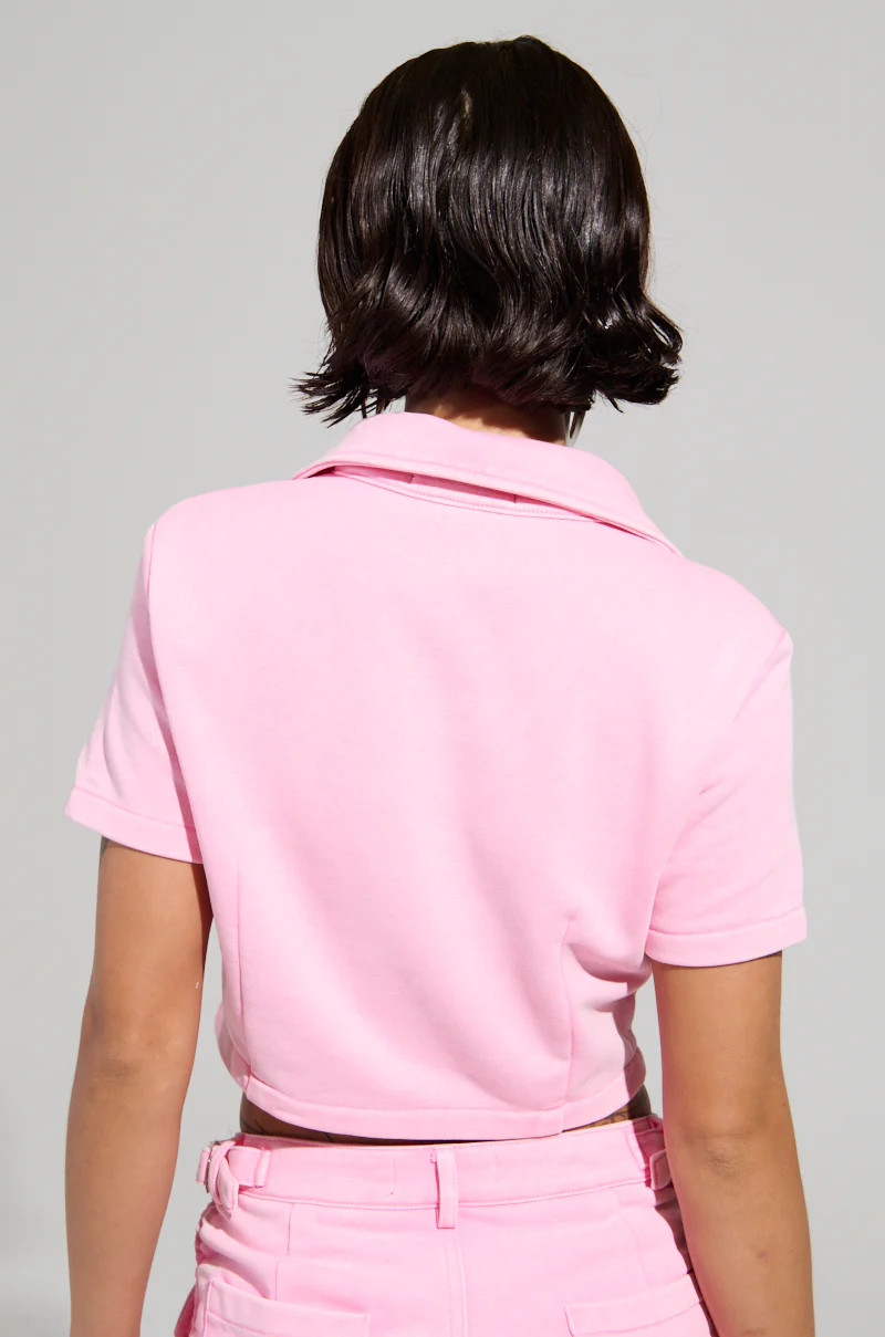 WORK FOR IT MINERAL WASHED CROPPED BUTTON DOWN IN PINK - Image 5