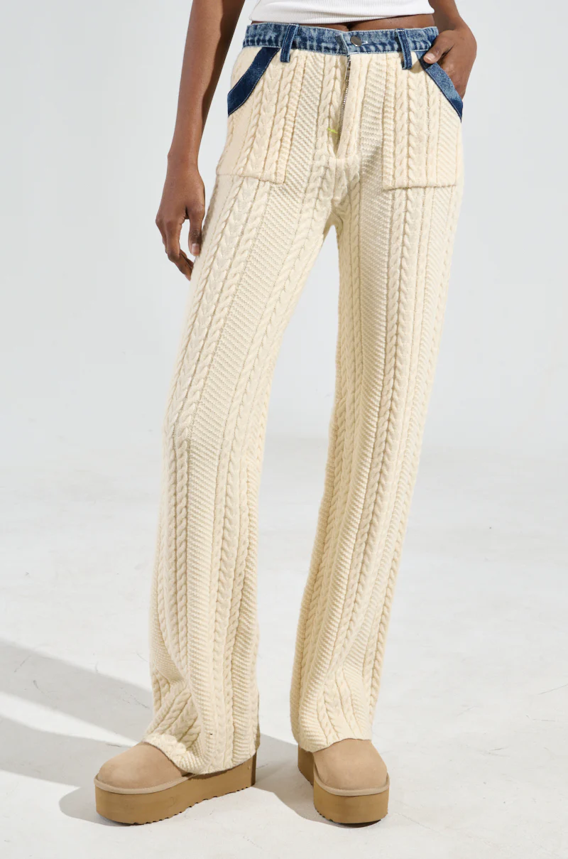WORTHY OF LOVE CABLE KNIT STRAIGHT LEG PANT IN CREAM - Image 3