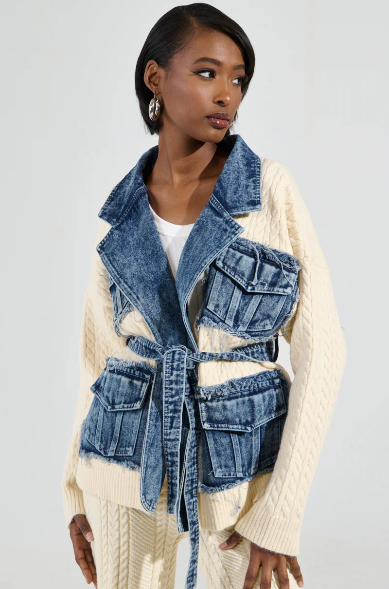 WORTHY OF LOVE CABLE KNIT TIE WAIST CARDIGAN IN CREAM - Image 2