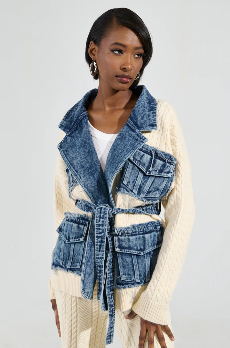 WORTHY OF LOVE CABLE KNIT TIE WAIST CARDIGAN IN CREAM - Image 3