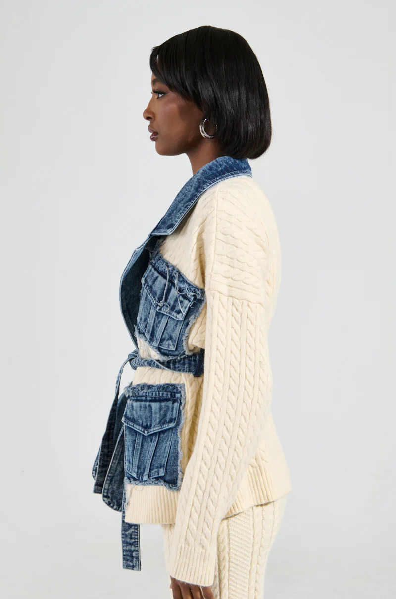 WORTHY OF LOVE CABLE KNIT TIE WAIST CARDIGAN IN CREAM - Image 4