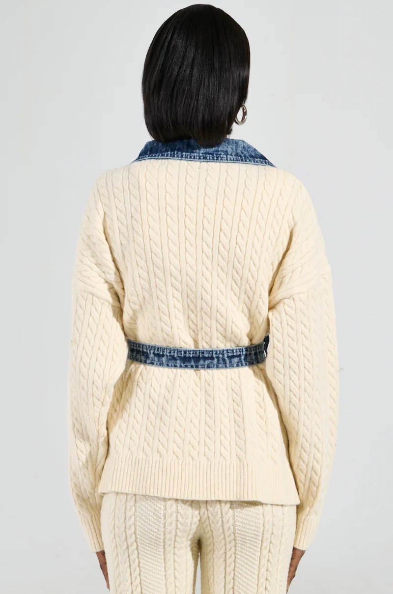 WORTHY OF LOVE CABLE KNIT TIE WAIST CARDIGAN IN CREAM - Image 5