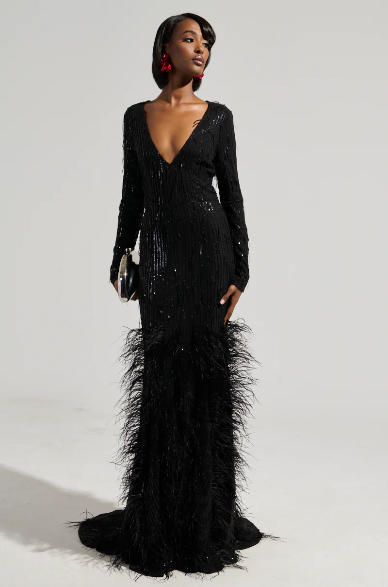 YOURS TRULY FEATHER SEQUIN EMBELLISHED MAXI DRESS - Image 3